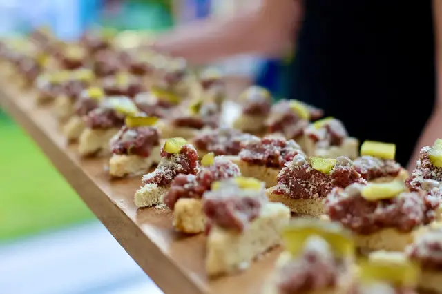 Steak tartare finger food with caramelised white chocolate and truffle